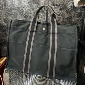 Hermès Fourre Tout Cabas MM Tote Bag – Black Canvas w/ Striped Handles